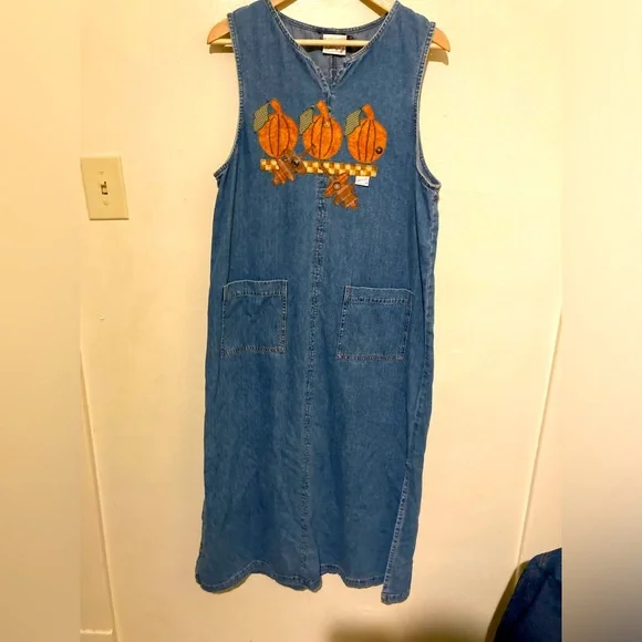 Beverly’s Pumpkin Fall Vintage Denim Sleeveless Jumper Dress Women’s Size 14 - Picture 1 of 5